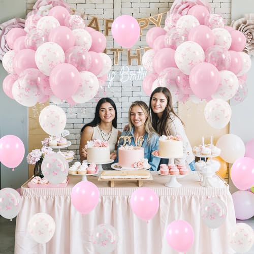 Image of HILAVO Pink Bow Balloons, 12 Inch Pastel Light Pink Transparent White Bow Print Coquette Balloon for Girls Women Birthday Bachelorette Party Bridal Baby Shower Wedding Anniversary Decorations Supplies