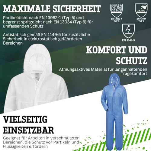 Safetytex SMS Schutzanzug - Einweg Overall - PSA Kat. 3 Typ 5/6 - Partikeldicht & Spritzwassergeschützt - Ideal für Asbest, Sanierung & Industrie - Weiß Gr. M (1 Stück)