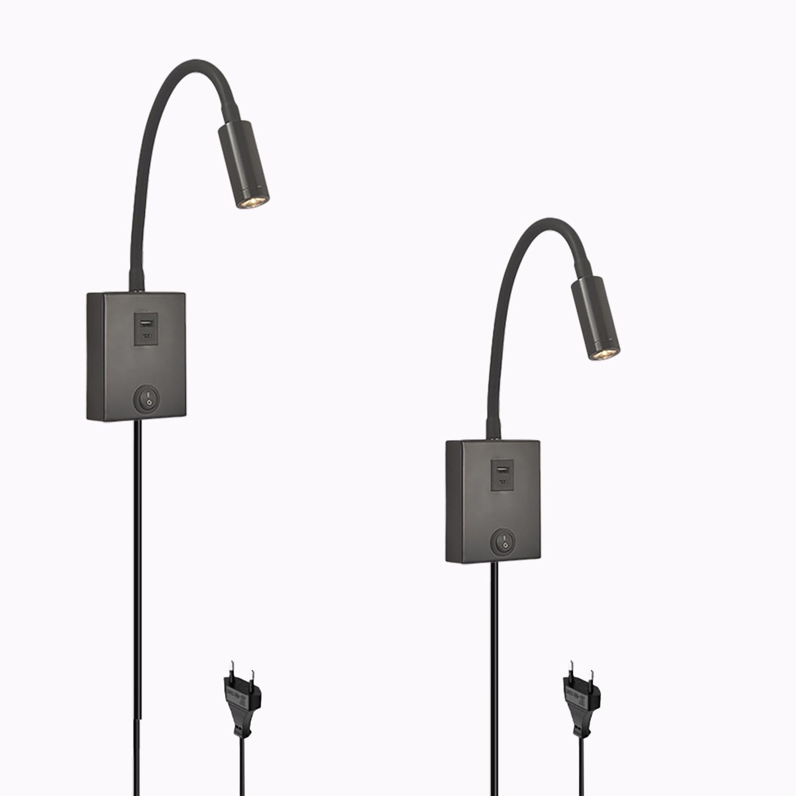 Aplique de Pared con Enchufe y Cable Lampara de Lectura Cama LED Montada con Puerto USB Luz de Lectura Interruptor Lámpara de Cuello de Cisne Regulable Flexible para Dormitorio (Luz Neutra,2 Piezas)