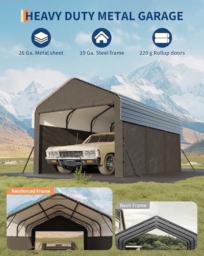 Image of Garvee 10'X15'X9' Metal Carport, Enclosed Car Ports with Heavy Duty Steel Frame and 220 g Tarp, All-Weather Carport, for Sedans, Boats, and Tractors