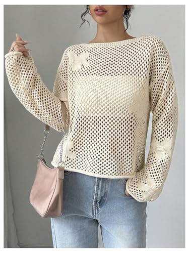 MakeMeChic Women's Floral Boat Neck Sheer Hollow Out Sweater Long Sleeve Pullover Top3