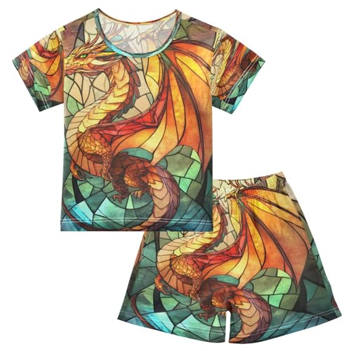 ALAZA Dragon Abstract Pajamas Set Short Sleeve Cotton Sleepwear Summer Pjs 2 Piece 5-14Y