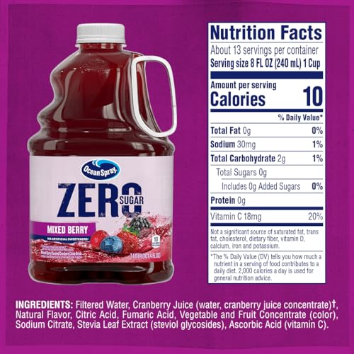 Image of Ocean Spray ZERO Sugar Mixed Berry Juice Drink, Cranberry Juice Drink Sweetened with Stevia, 101.4 Fl Oz Bottle (Pack of 6)