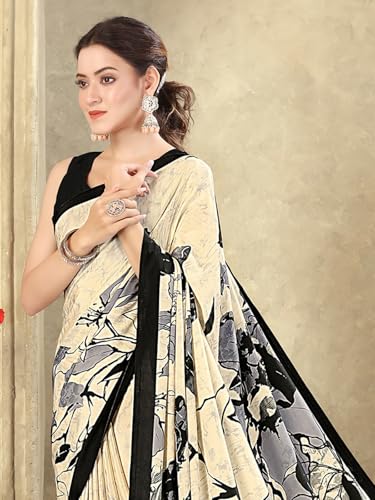 Image of SIRIL Women's Crepe Silk Printed Saree with Unstitched Blouse Piece