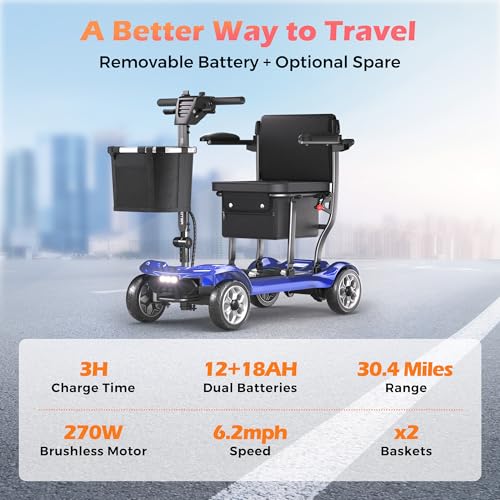 Image of Lightweight Mobility Scooter for Adults & Seniors - Cruise & Airport Approved, 43lb Foldable Portable Motorized Scooters with Dual Lithium Batteries for 30.4 Miles Travel, 300lb Capacity, Blue