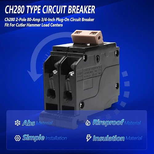 Ch280 2-Pole 80-Amp Circuit Breaker, Type Ch 3/4-Inch Plug-On Molded Case Circuit Breaker, Thermal Magnetic Protection, 10 Kaic, 120/240V, Fit For Cutler Hammer Load Centers(5-Years Warranty) #TOP1