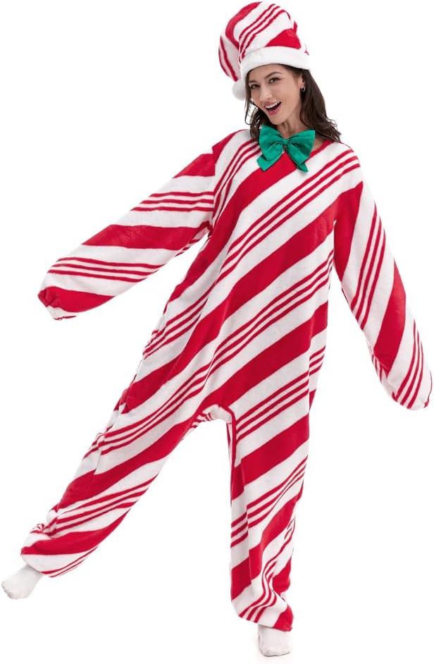 HSCTEK Fuzzy Teddy Fleece Adult Candy Cane Onesies Costume with Hoodie - Image 3