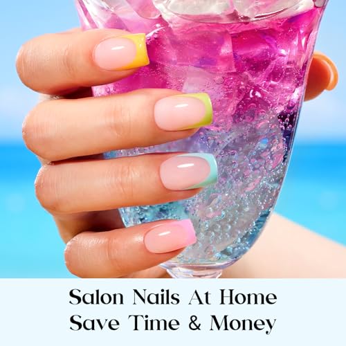 Image of Beetles X Press Summer Nails Kit: Short Square French Tip Press On Nails Kit With 7 Colors 224Pcs Rainbow Nail Tips Nail Glue & Builder Top Coat, UV Light, All-in-One DIY Gift For Women 16 Sizes