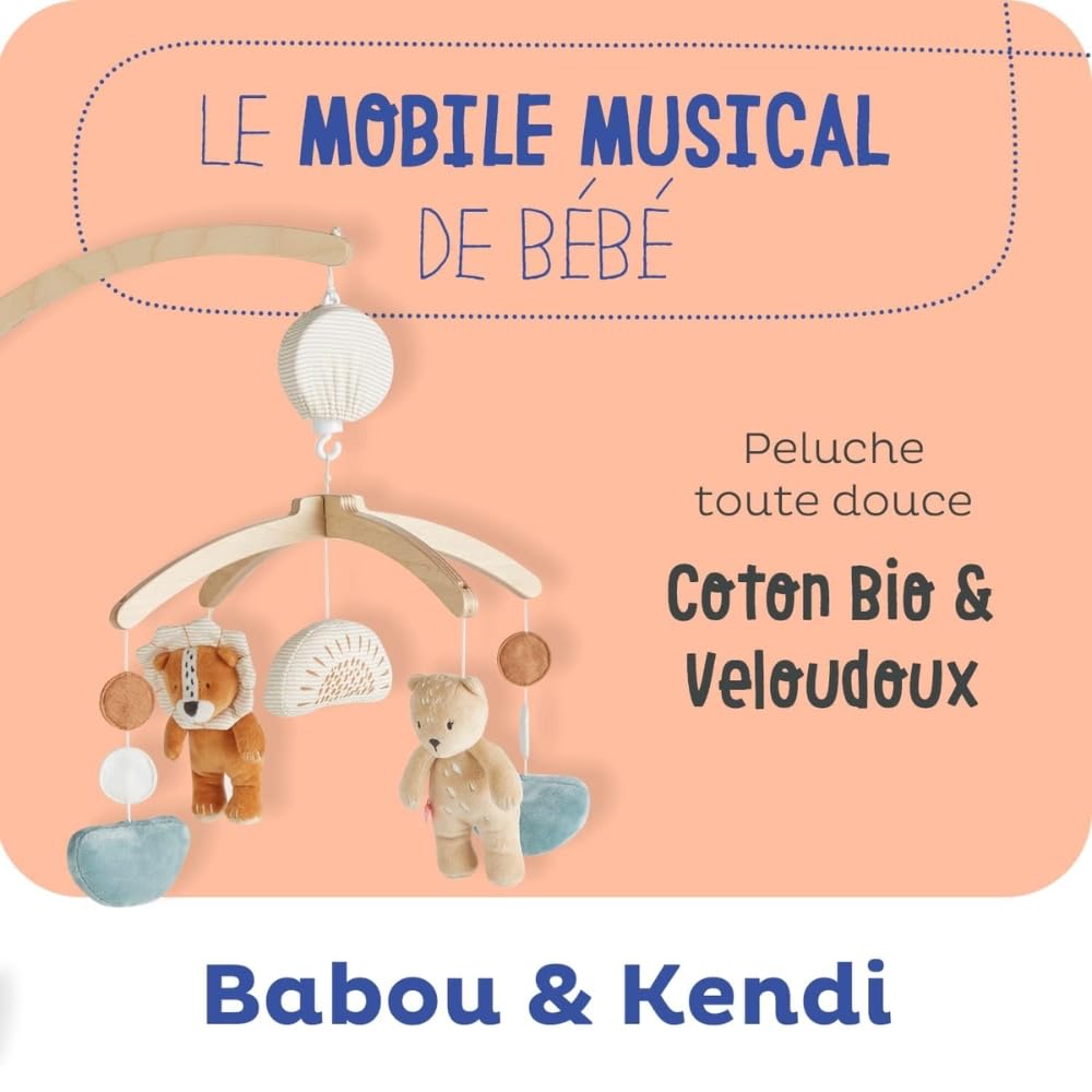 Noukie's - Babou & Kendi Pastelowa drewniana karuzela muzyczna - Karuzela do łóżeczka dziecięcego z boksem, kojec - inspirująca gra