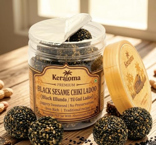 Image of Keraloma Premium Black Sesame Chikki Ladoo 150g (Karutha Ellunda) | Til Gud Ladoo | Jaggery Laddu | Traditional Healthy Indian Sweet Snack | Rich in Calcium & Iron | Source of Plant-Based Protein | Naturally Sweetened with Jaggery | No Preservatives or Added Colours | Handmade Traditional Recipe | Reusable PET Jar for Prestige Gifting
