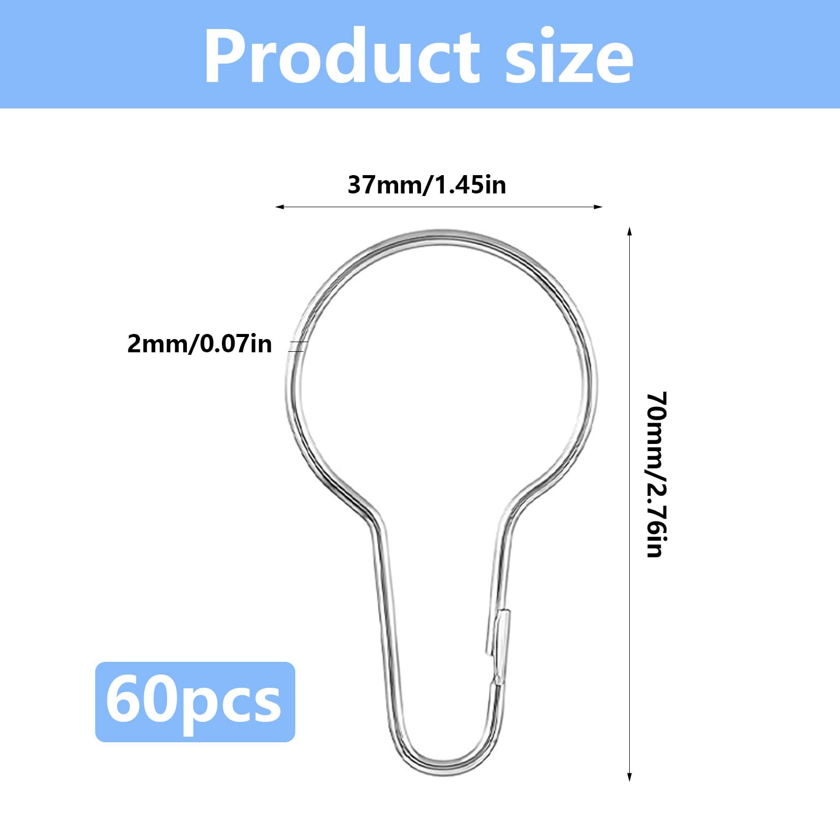 60 kółek do otwierania zasłon, metalowe haczyki do zasłon prysznicowych | kółka do drążków na zasłony prysznicowe, drążki na ubrania do łazienki, sypialni, salonu (srebrne)