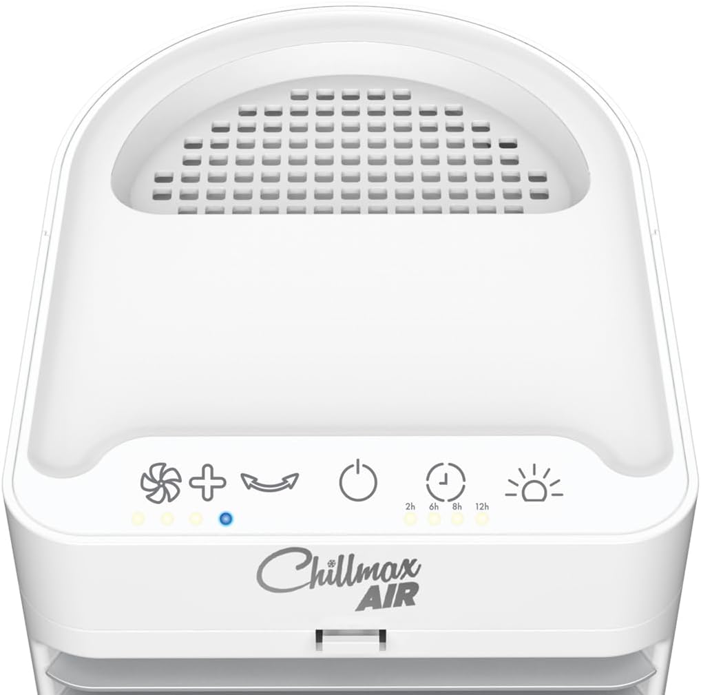 Top view of the JML Chillmax Air Pure Chill XL control panel with buttons for fan speed, oscillation, power, timer, and light
