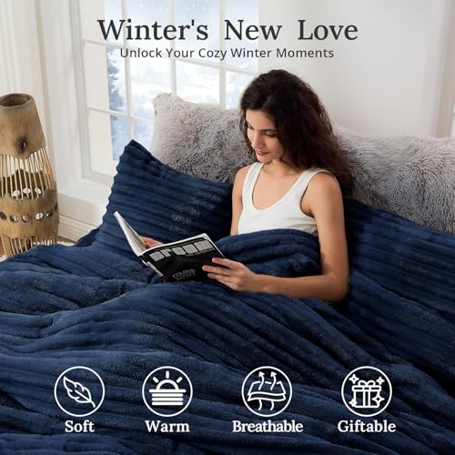 Image of Sasttie King Comforter Set 3 Pieces - Super Soft Fleece Comforters King Size, 1 Luxury Warm Fuzzy Marshmallow Comforter with 2 Pillow Cases, Faux Fur Down Alternative Bedding Set, Marine Blue