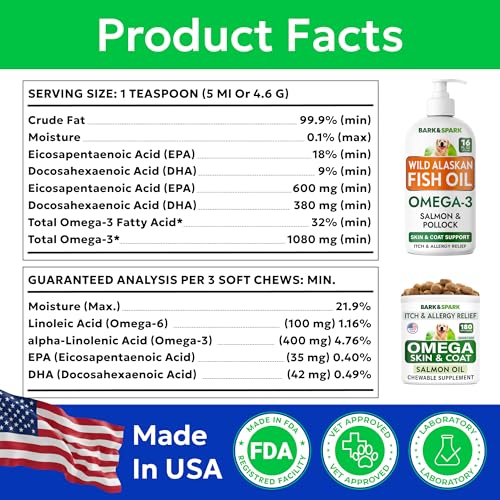 Image of BARK&SPARK Omega 3 + Fish Oil for Dogs - Skin Allergy Chews, Itch Relief, Hot Spots Treatment - Fish Oil Liquid Supplement for Pets, EPA+DHA Fatty Acids, Skin & Coat Support - Bundle: 180 Ct + 16 Oz