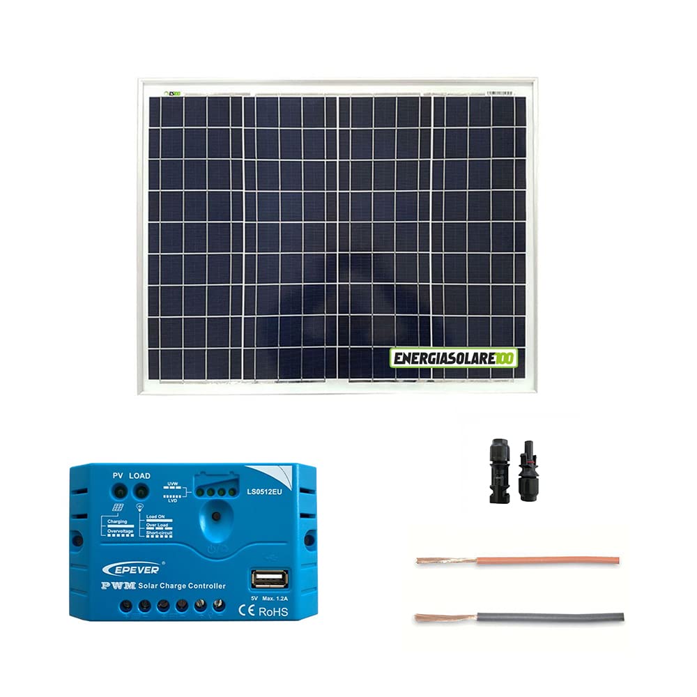 Kit Solare Fotovoltaico Base Roulotte Caravan da 50W 12V Batteria Servizi