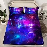 Erosebridal Purple Starry Sky Bedding Set Constellation Fitted Sheet Galaxy Star Printed Bed Cover Mysterious Outer Space Bedspread for Children Adults,Full Size 3Pcs(1 Fitted Sheet 2 Pillowcases)