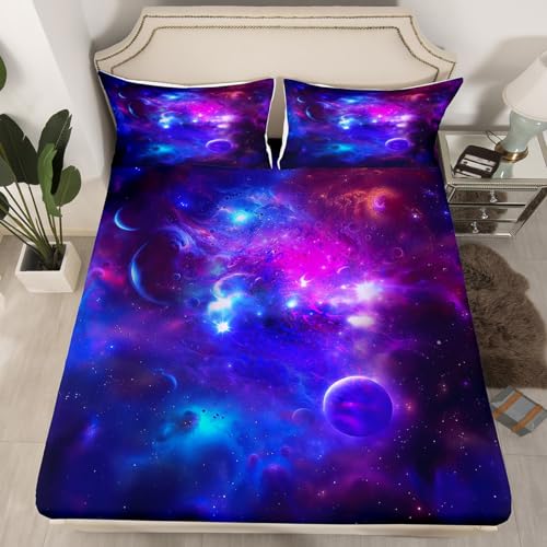 Erosebridal Purple Starry Sky Bedding Set Constellation Fitted Sheet Galaxy Star Printed Bed Cover Mysterious Outer Space Bedspread for Children Adults,Queen Size 3Pcs(1 Fitted Sheet 2 Pillo