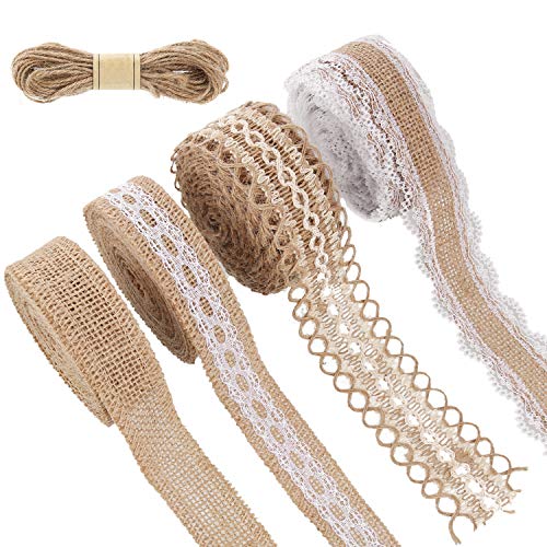 WILLBOND 4 Rolls Burlap Ribbon Lace Roll Crafts Ribbon with 32 Feet Twine Rope for Wedding Rustic Decoration DIY Handmade Crafts, 5.5 Yards for Each