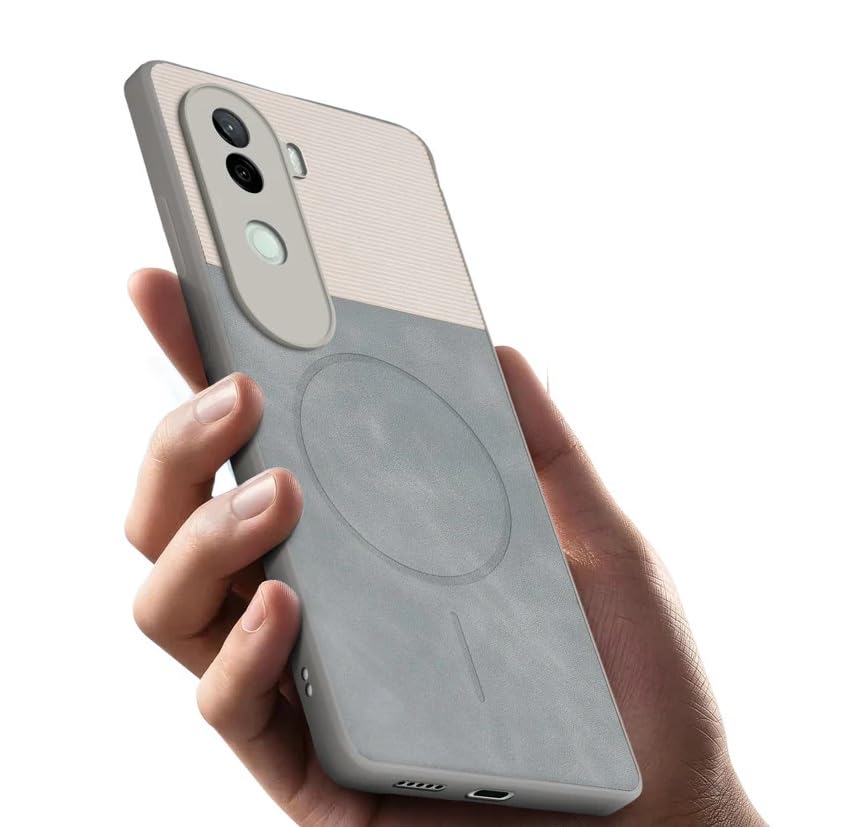 Image of Bintage CASE Mac Safe Design Hard Light Weight Back Case | Soft Border Camera Protect | Dual PU Leather Finish Back Cover Compatible for iQOO Z9s 5G - White & Grey