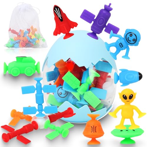 Image of Suction Bath Toys for Kids, 20 Pcs No Hole Outer Space Bath Toy with Eggshell & Bag, Silicone Suction Cup Toys, Sensory Window Building Toys for Toddlers Boys Girls 3 4 5 6 Year Old