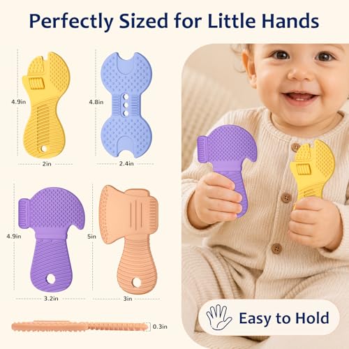 Image of Baby Tool Teethers 4 Pack, Textured Sensory Teething Toys for Boys 0-6 Months, Wrench Screwdriver Hammer & Axe Silicone Chew Toys, Baby Shower Gifts for Newborn & Infants