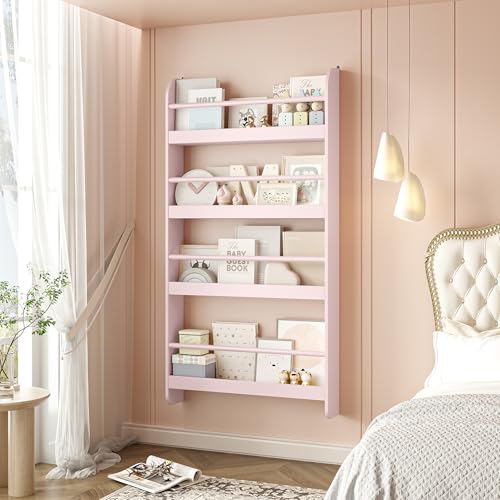 Image of FOTOSOK Kids Bookshelf, Wall Mount 4-Tier Book Shelf Organizer for Toys and Books, Toy Storage Bookshelf in Bedroom, Living Room and Nursery, Pink
