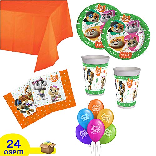 ocballoons Kit de Fiesta de cumpleaños de 44 Gatos de Cuatro Cuartos para 40 Personas (40 Platos, 40 Vasos, 40 servilletas, 1 Mantel de Color Naranja y 20 Globos de Regalo).