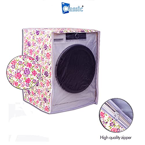Image of Classic Front Load Washing Machine Cover Suitable for Bosch 6.5 Kg, 7 Kg, 7.5 Kg, 8 Kg, 8.5 Kg, 9 Kg (63cmsX63cmsX81cms, White & Pink Flower, Large)