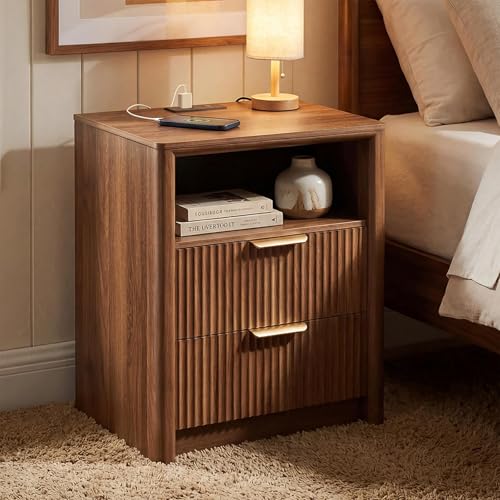 Image of LYNCOHOME 19.7 inch Fluted Nightstand with Charging Station, 2 Drawer Bedside Table, Modern Night Stand with Curved Edge Design, Wooden End Table for Bedroom, Rounded Night Stand with Storage, Walnut