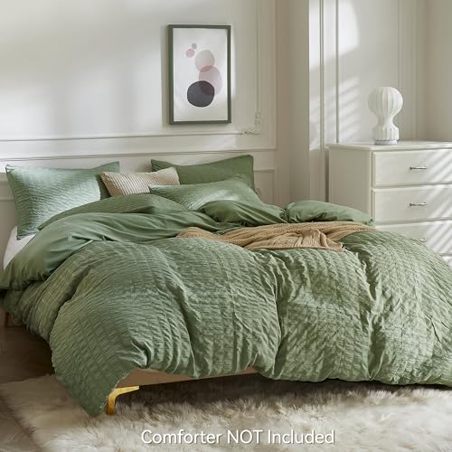 Image of JELLYMONI Seersucker Duvet Cover Set King, 3pcs Dark Green Polyester | In Spacious Master, Couples & Pets, Crinkled Texture, Oeko-Tex Certified, 8 Corner Ties & Hidden Zipper
