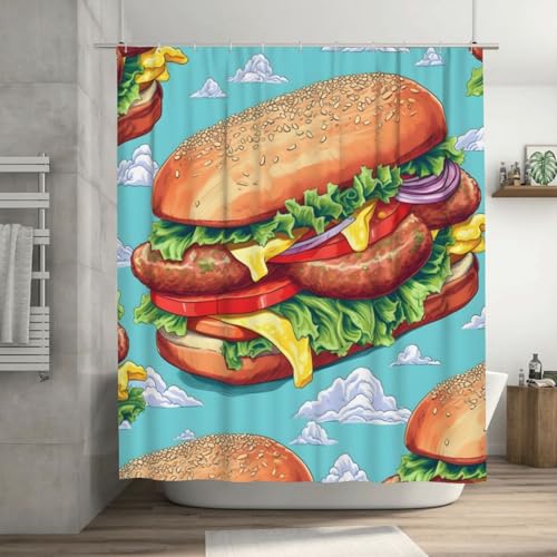 Rideau de douche imprimé hamburger en tissu haut de gamme avec œillets - 8