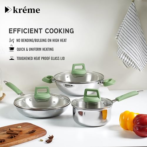 Image of Kreme Platina Triply Stainless Steel Cookware Set of 6 Pcs - Kadai 24cm /2.8L, Frypan 24cm /1.8L and Saucepan 16cm /1.6L with Glass Lid, Induction & Gas Use