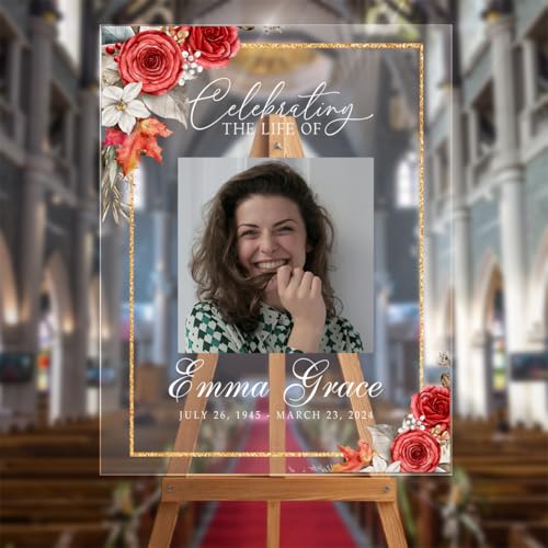 VIRAGIL Funeral Welcome Clear Acrylic Sign with Photo, Rose Floral Celebrating of The Life Welcome Sign, Celebration of Life Decoration, Custom In Loving Memory Sign, Funeral program