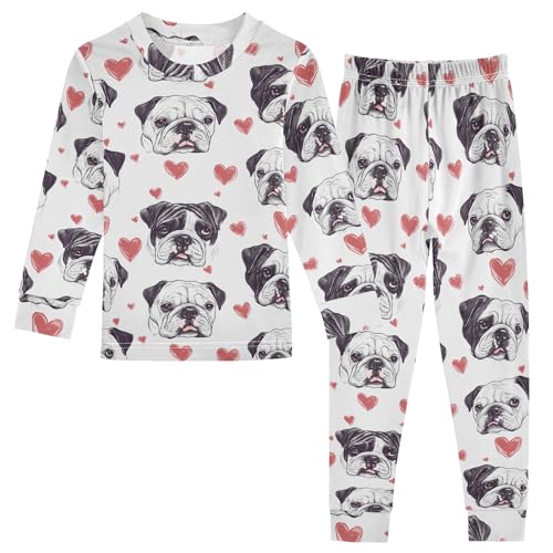 Bulldog Love Heart Pattern Cute Pajama Sets Long Sleeve Top and Pants, Snug Fit Sleepwear for Night Wears