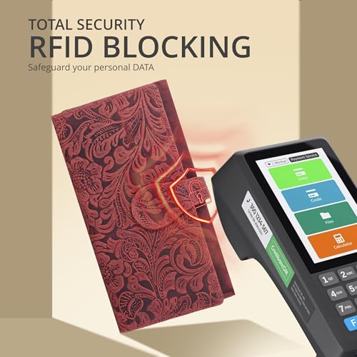Image of Real Leather Women Wallet Leather with RFID Blocking -Trifold Card Holder Designer Ladies Clutch with ID Window Wallets, Red1, Small, Compact, Minimalist
