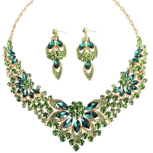 Zthread Women Jewelry Set, Rhinestonel Statement Necklace Earrings,Green)