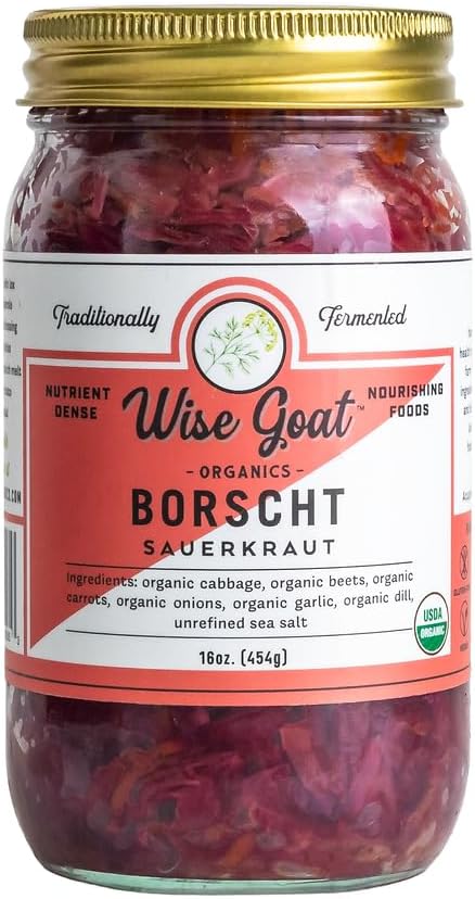 Raw Organic Fermented Unpasteurized Sauerkraut, “Borscht” Variety [Vegan, Gluten Free, Non-GMO, Probiotic] 16 oz Glass Jar by Wise Goat Organics