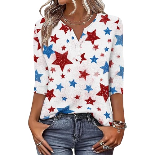 Image of 4th of July Shirts Women 3 /4 Length Sleeve Womens Tops Henley Neck Casual Patriotic T Shirts