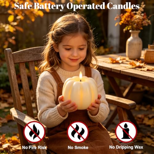 Image of Wondise Fall Decorations Real Wax Pumpkin Candles with Remote Timer | Off-white Battery Operated LED Candles Fall Decor for Thanksgiving Gifts, Autumn Farmhouse Harvest Decor for Home Decoration