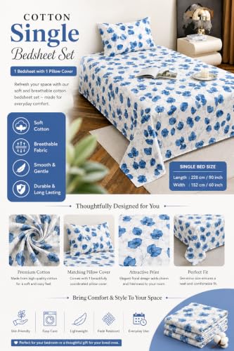 Image of IVAZA 220 TC Soft Ezyption Cotton Floral Single Bed Sheet - Single bedsheet with 1 Pillow Cover Hypoallergenic, Brethable, (Size- 90 x 60 Inch White Blue Leaf