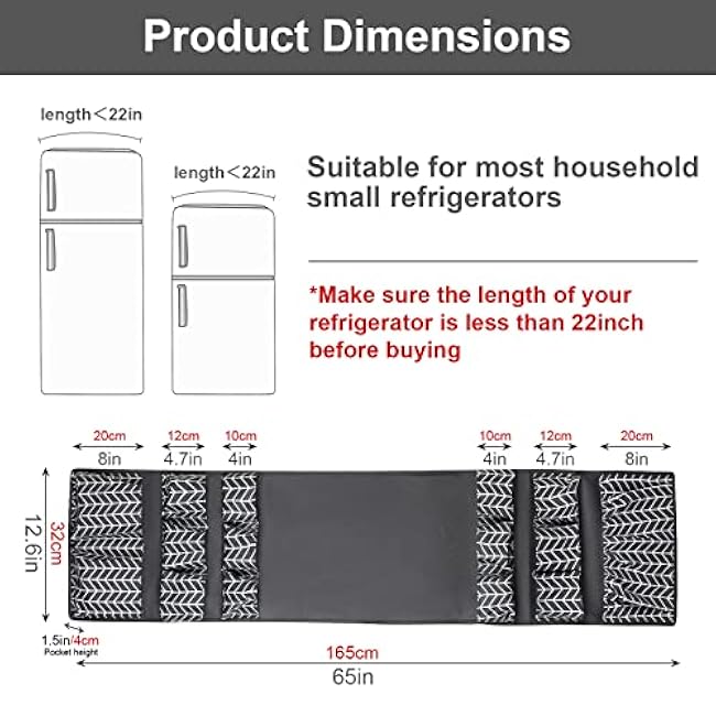 Mini Fridge Organizer 65 x 12.6, Mini Fridge Caddy with 15 Large Pockets, Over the Refrigerator Caddy Storage for Dorm, Pantry, Office, Plate, Silverware, Spice, Cutlery, Bottles, Napkins (Grey)