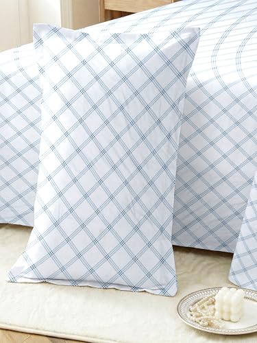 Image of RD TREND Glace Cotton All Around Elastic Fitted Check King Size Double Bed Bedsheet (72 inchx78 inchx8 inch) with 2 Pillow Cover (18 inchx28 inch) 210 TC (Lines-White)