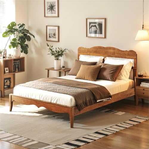 ALPHA HOME Wooden Bed Frame Queen Size - Solid Wood Bed with Woven Rattan Headboard, Reinforced Slats Support, Quiet & Easy Assembly (No Box Spring)