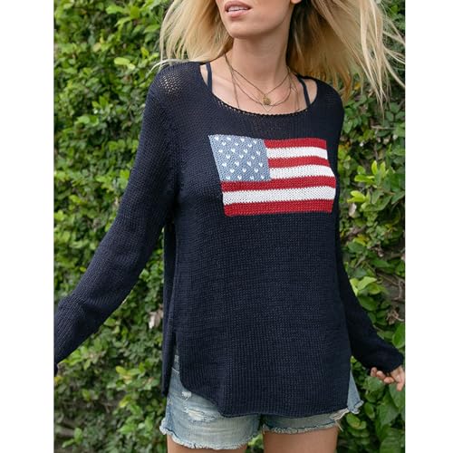 Image of Women American Flag Sweater Loose Vintage USA Sweatshirt Long Sleeve Crewneck Hollow Out 4th of July Jumper