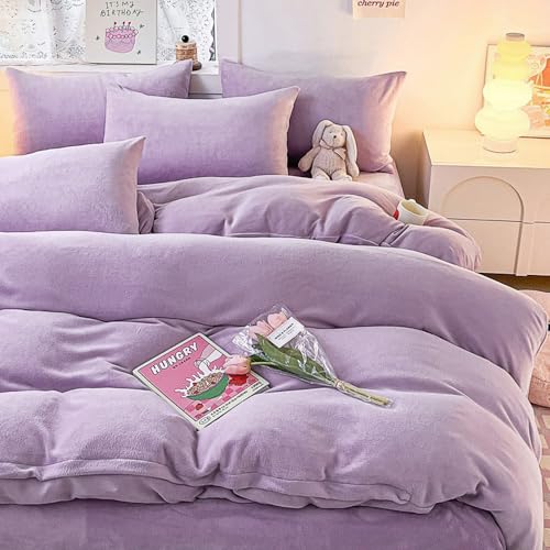 Covebett Winter Flanell Bettwäsche 135x200 Lila Violett Warme Weich Kuschelig Flauschig Bettbezug Microfaser Plüsch Coral Fleece Bettwäsche-Sets 2...
