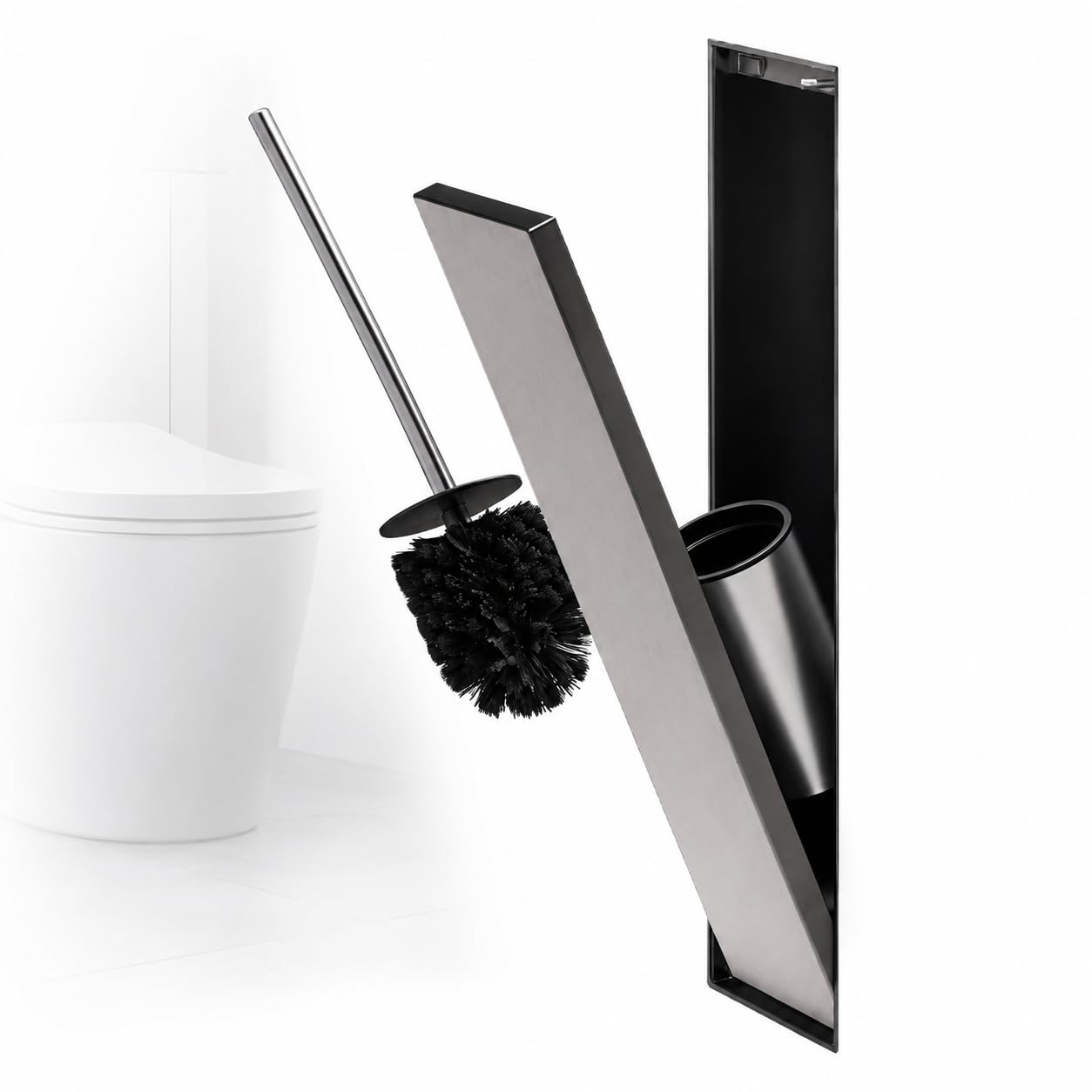AMQYDT Recessed Toilet Brush Holder, Hidden Standing Toilet Brush with 304 Stainless Steel Bathroom Niche, Elastic Lock and Space Saving Design for Bathroom Renovation and Hotels