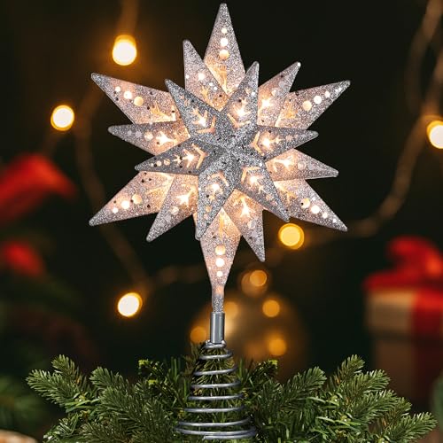 ODEETRONIC 8 in Silver Glitter Snowflake Tree Topper with 25 Clear Lights