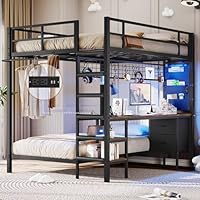 DICTAC Full Over Twin Bunk Bed with Desk and Charging Station Metal Full Size Over Twin Loft Bed with Led Lights & Storage Shelves and Drawers for Teen,Safety Guard & Stairs,No Box Spring Needed,Black