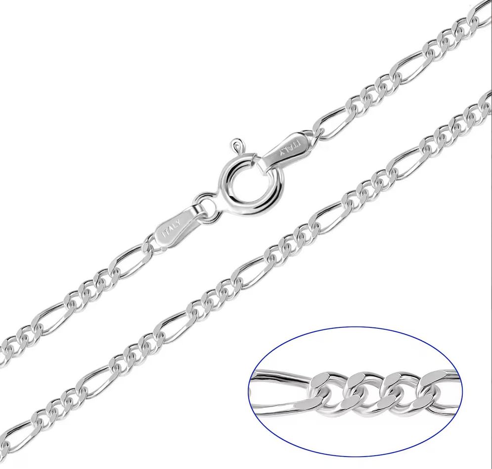 Treasure Bay Collar de cadena de plata de ley 925 Figaro de 2 mm para hombre y mujer, fabricado en Italia, corte de diamante, longitud del collar de 40 a 61 cm
