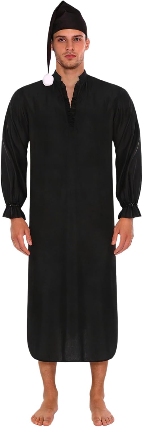 Men's Sissy Vintage Pajamas V Neck Ruffled Trim Long Sleeve Nightgown with Sleeping Hat